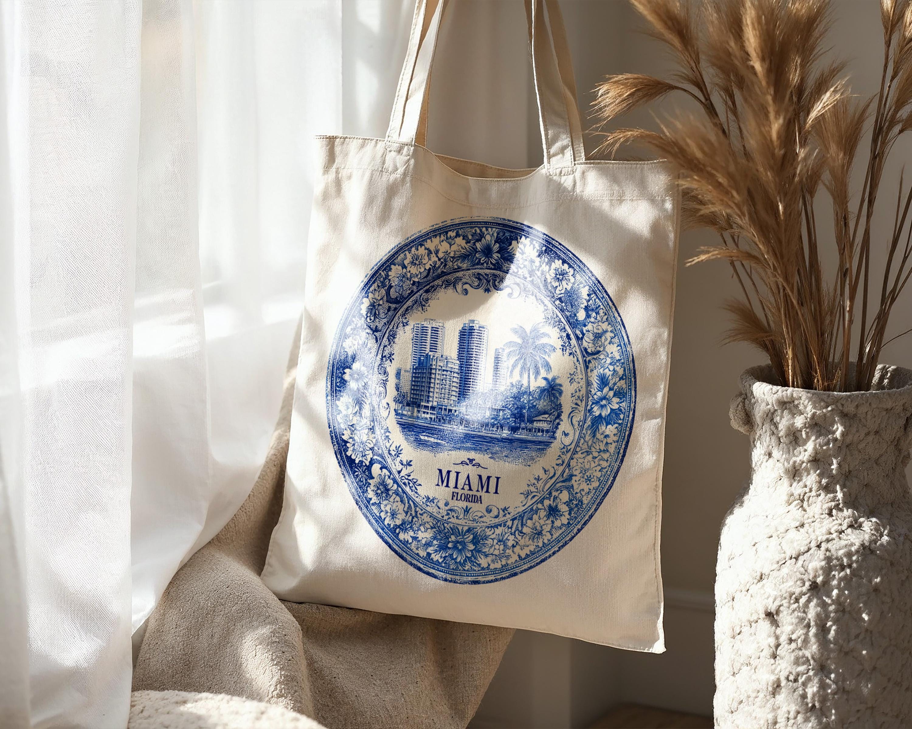 Miami Florida Tote Bag, Delft Style Personalized Destination, City Wedding Gift Souvenir Cotton