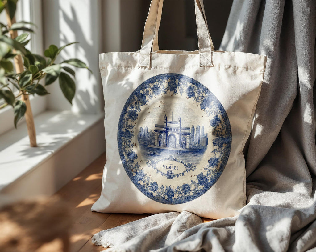 Mumbai India Tote Bag, Delft Style Personalized Destination, City Wedding Gift Souvenir Cotton