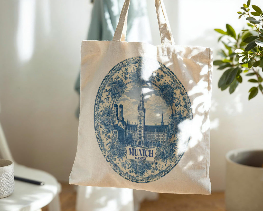 Munich Germany Tote Bag, Delft Style Personalized Destination, City Wedding Gift Souvenir Cotton