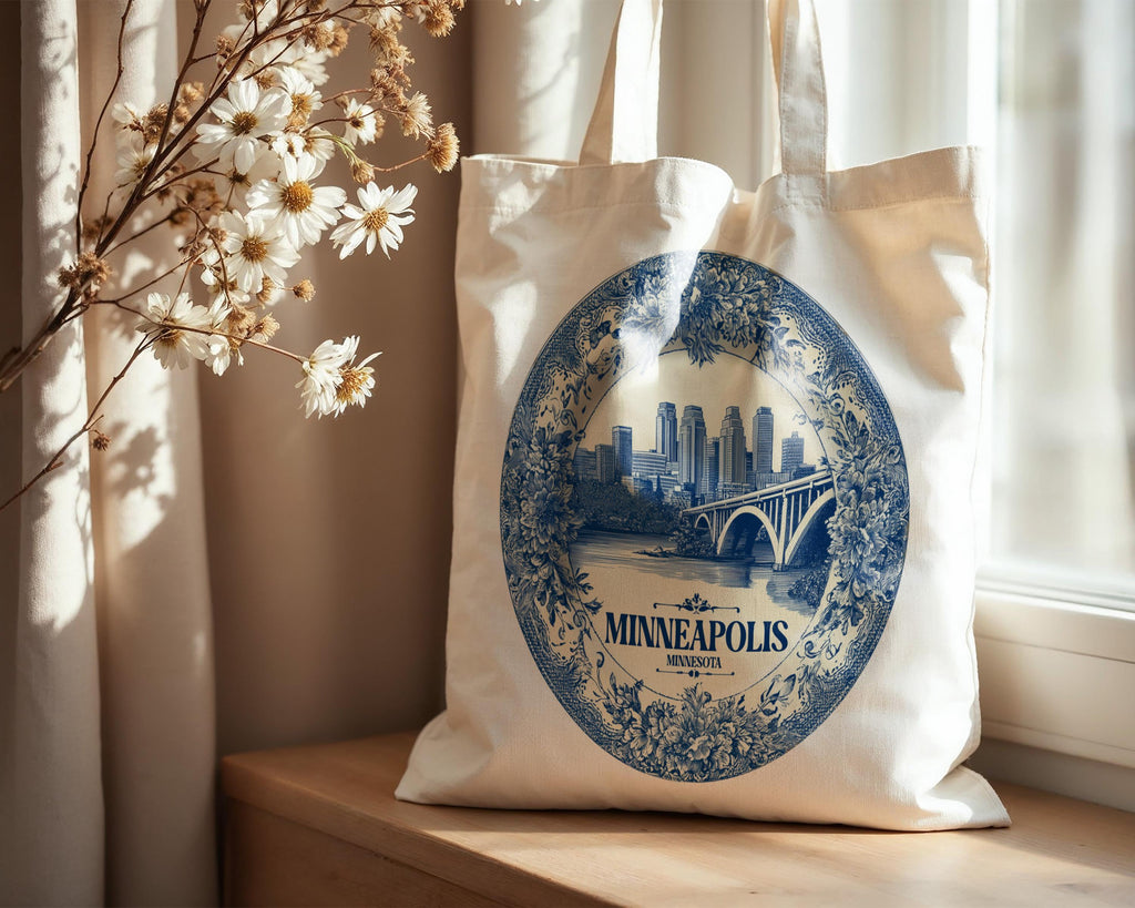 Minneapolis Minnesota Tote Bag, Delft Style Personalized Destination, City Wedding Gift Souvenir Cotton