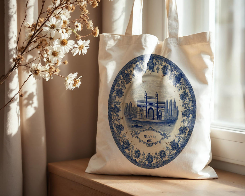 Mumbai India Tote Bag, Delft Style Personalized Destination, City Wedding Gift Souvenir Cotton