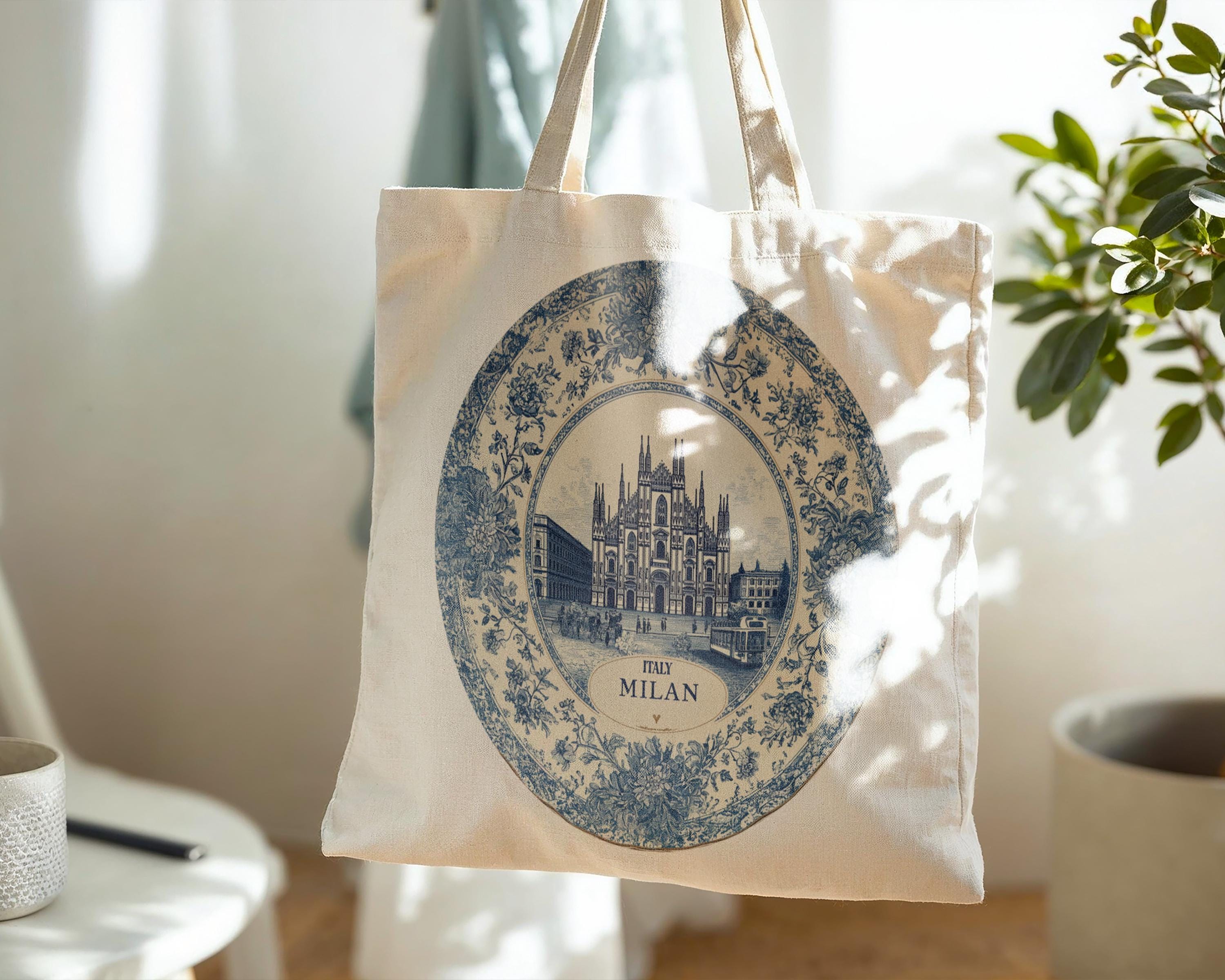 Milan Italy Tote Bag, Delft Style Personalized Destination, City Wedding Gift Souvenir Cotton