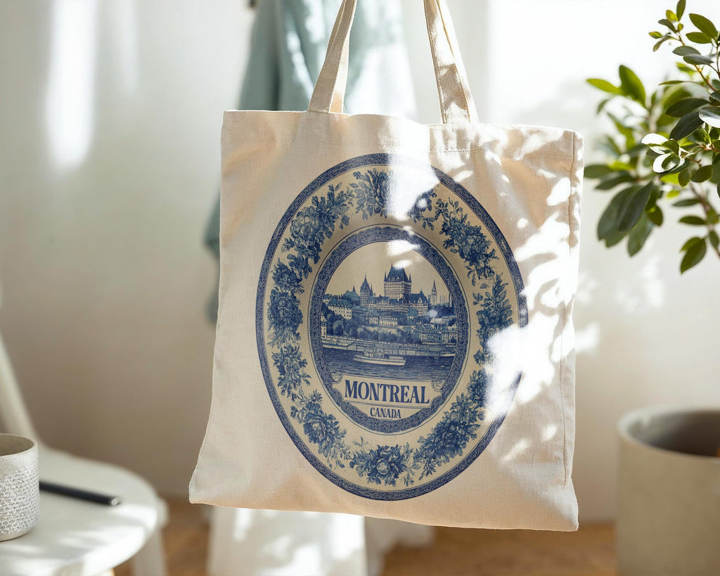 Montreal Canada Tote Bag, Delft Style Personalized Destination, City Wedding Gift Souvenir Cotton