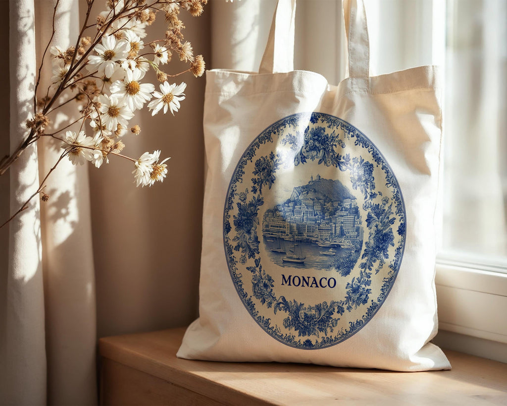 Monaco Tote Bag, Delft Style Personalized Destination, City Wedding Gift Souvenir Cotton