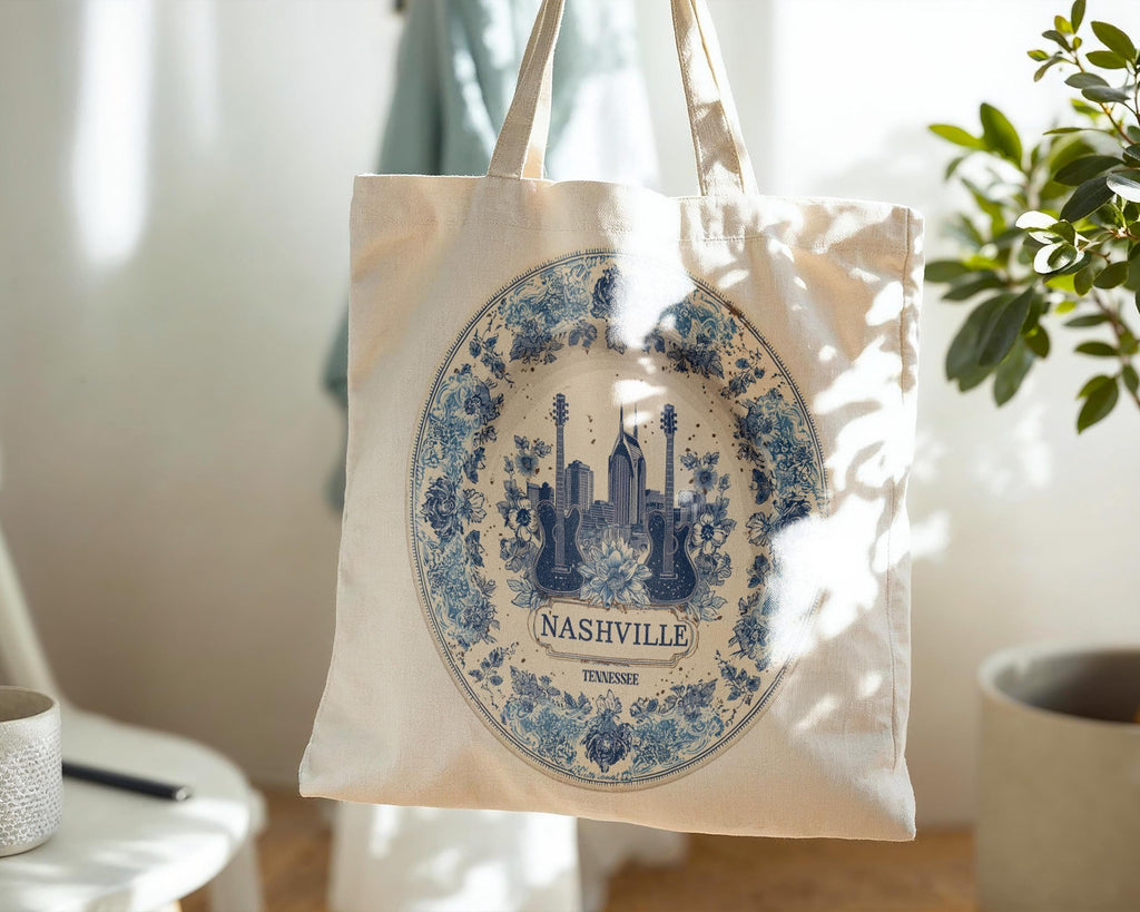 Nashville Tennessee Tote Bag, Delft Style Personalized Destination, City Wedding Gift Souvenir Cotton
