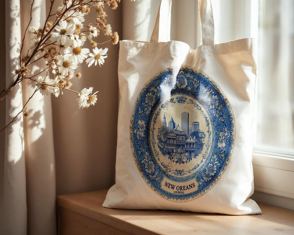 New Orleans Louisiana Tote Bag, Delft Style Personalized Destination, City Wedding Gift Souvenir Cotton