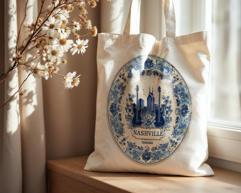 Nashville Tennessee Tote Bag, Delft Style Personalized Destination, City Wedding Gift Souvenir Cotton