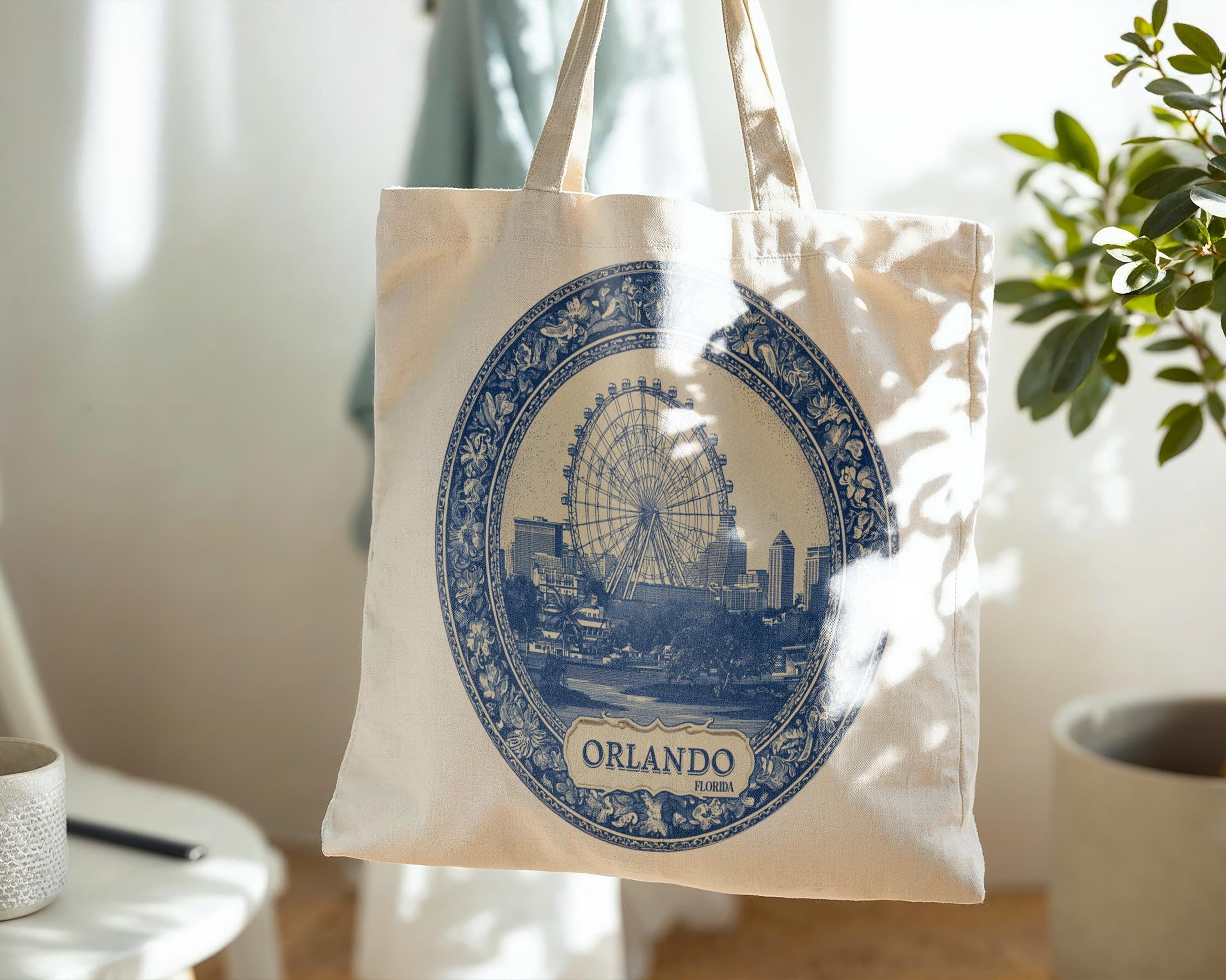 Orlando Florida Tote Bag, Delft Style Personalized Destination, City Wedding Gift Souvenir Cotton