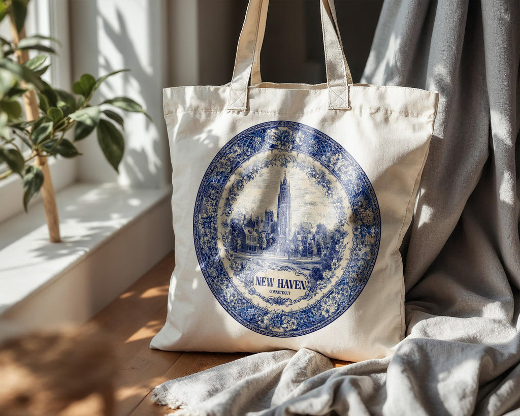 New Haven Connecticut Tote Bag, Delft Style Personalized Destination, City Wedding Gift Souvenir Cotton
