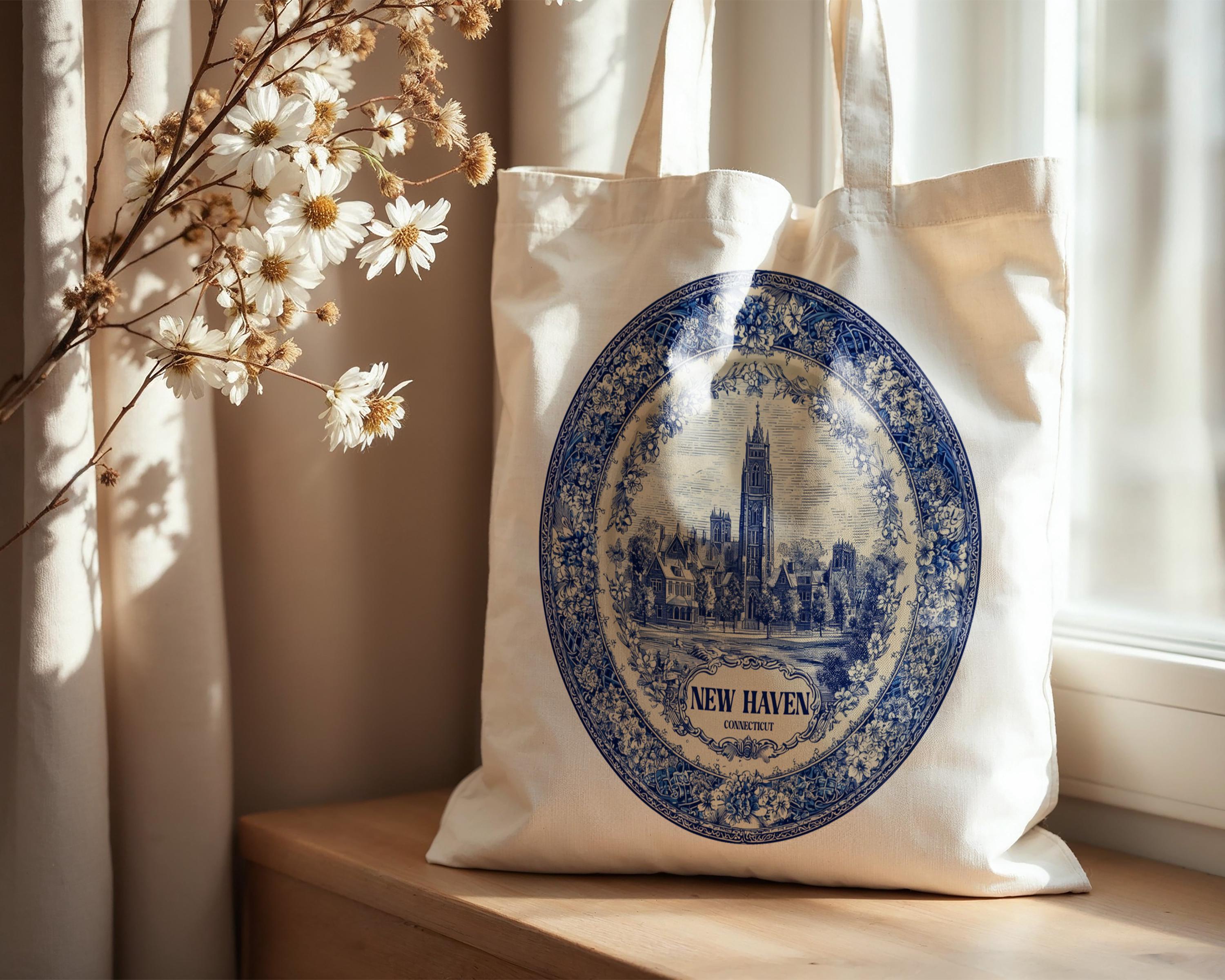New Haven Connecticut Tote Bag, Delft Style Personalized Destination, City Wedding Gift Souvenir Cotton