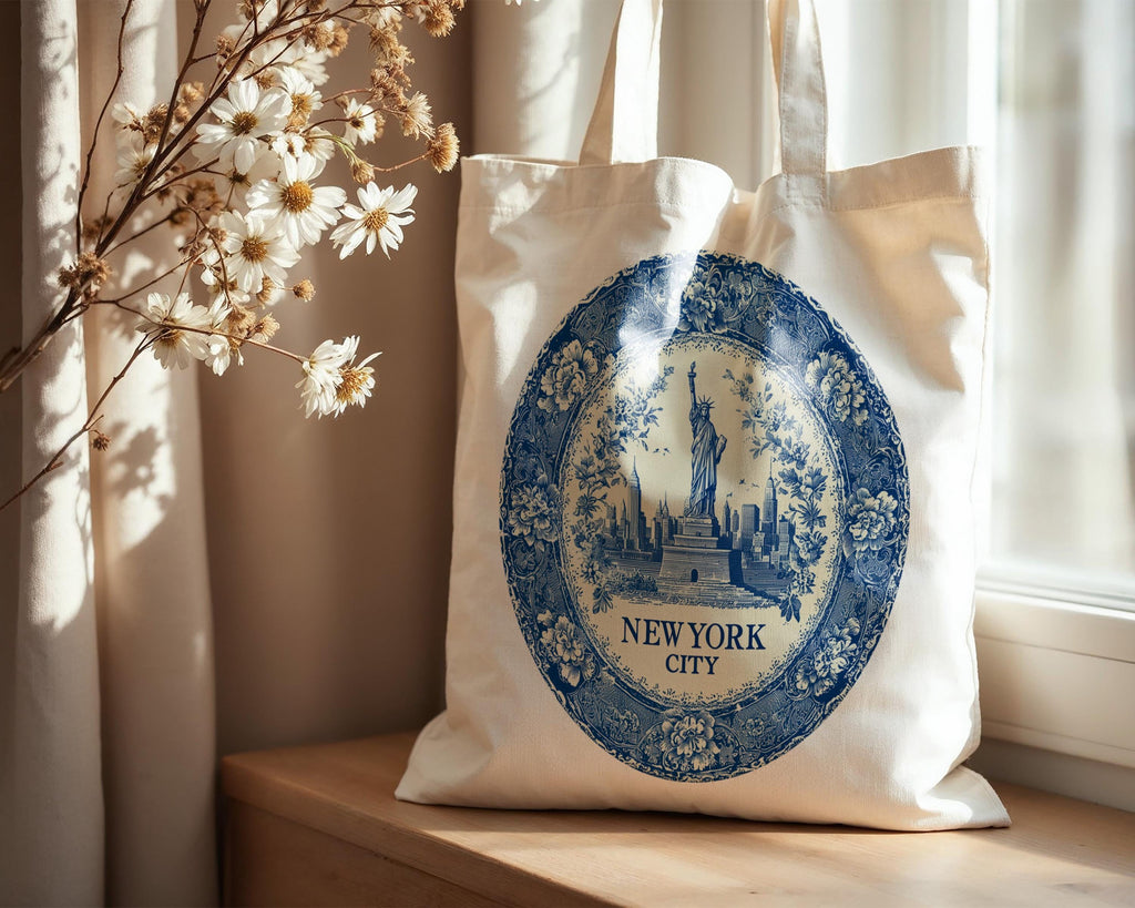 New York City Tote Bag, Delft Style Personalized Destination, City Wedding Gift Souvenir Cotton