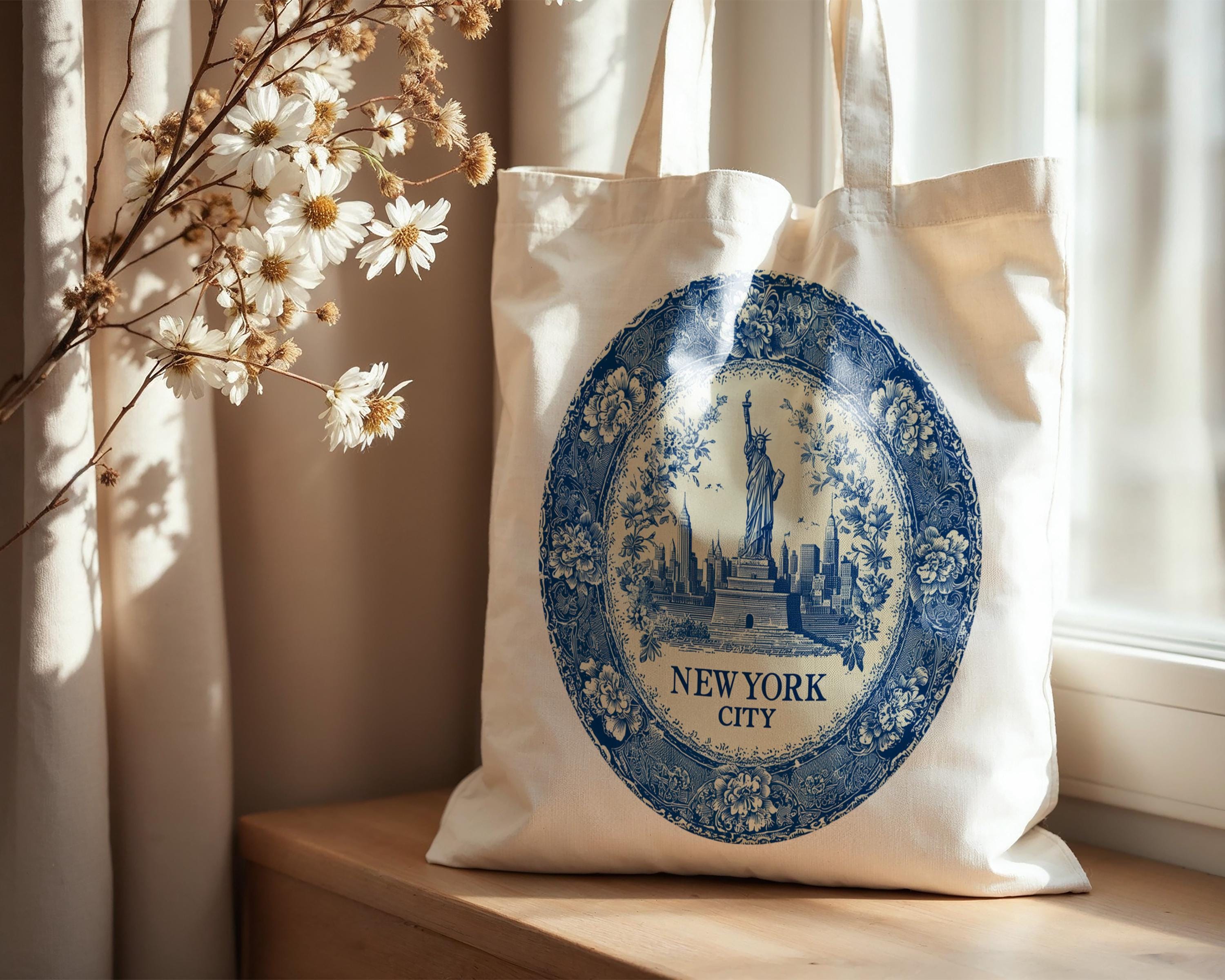 New York City Tote Bag, Delft Style Personalized Destination, City Wedding Gift Souvenir Cotton