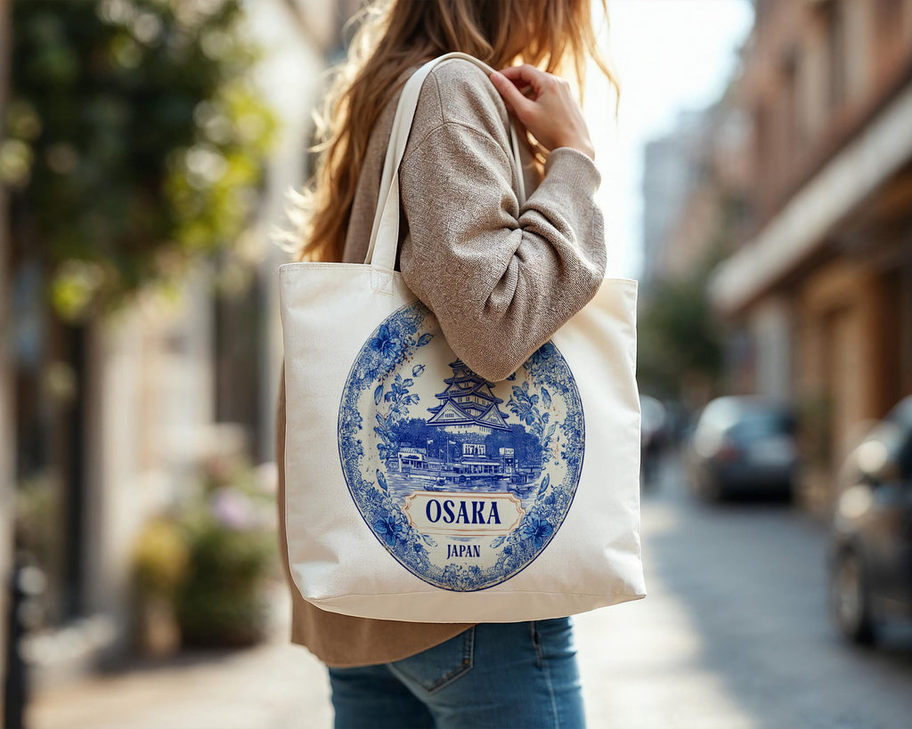 Osaka Japan Tote Bag, Delft Style Personalized Destination, City Wedding Gift Souvenir Cotton