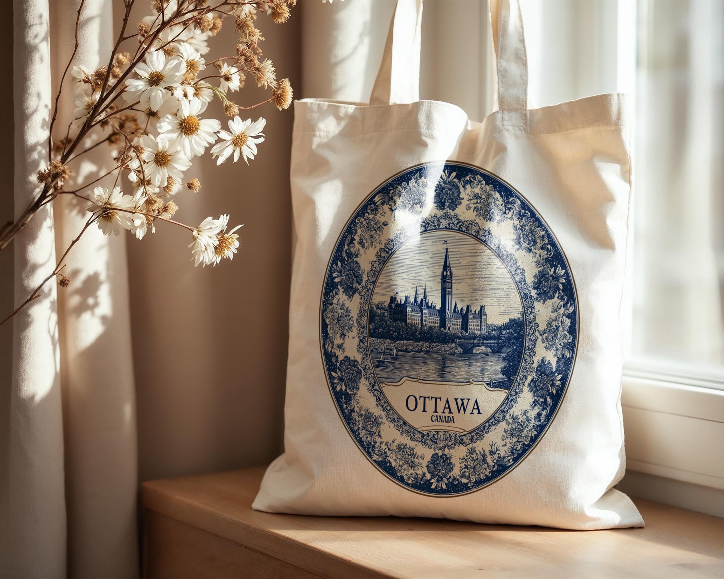Ottawa Canada Tote Bag, Delft Style Personalized Destination, City Wedding Gift Souvenir Cotton