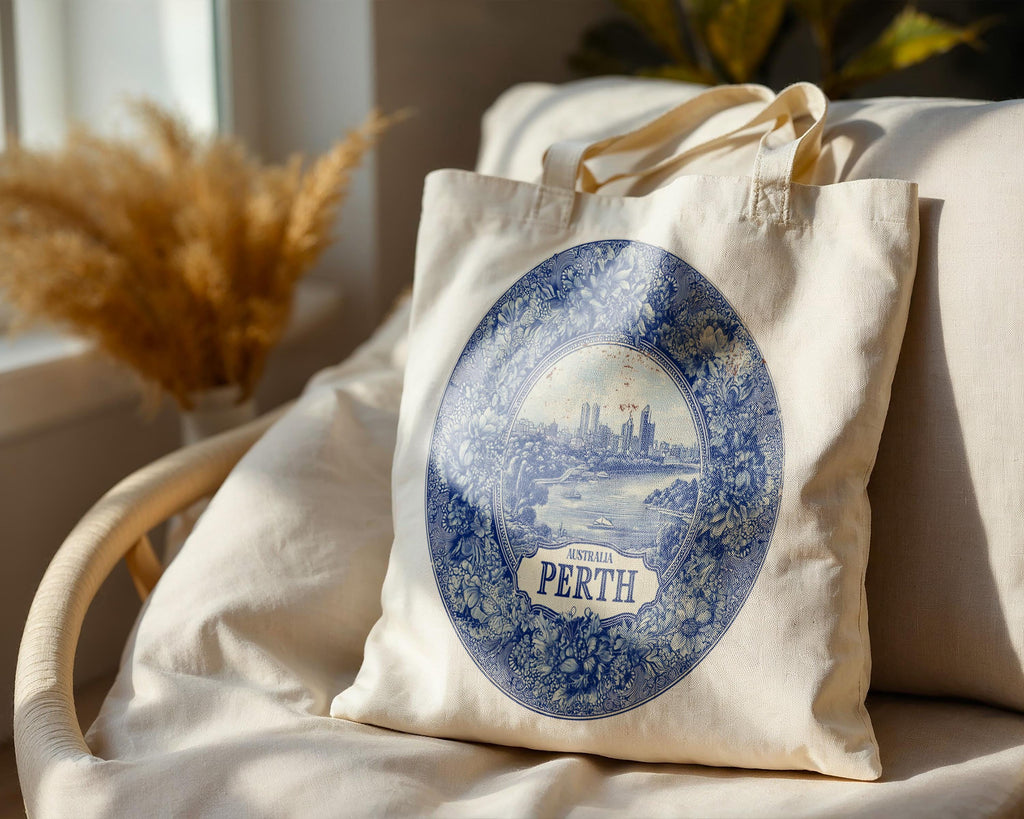 Perth Australia Tote Bag, Delft Style Personalized Destination, City Wedding Gift Souvenir Cotton