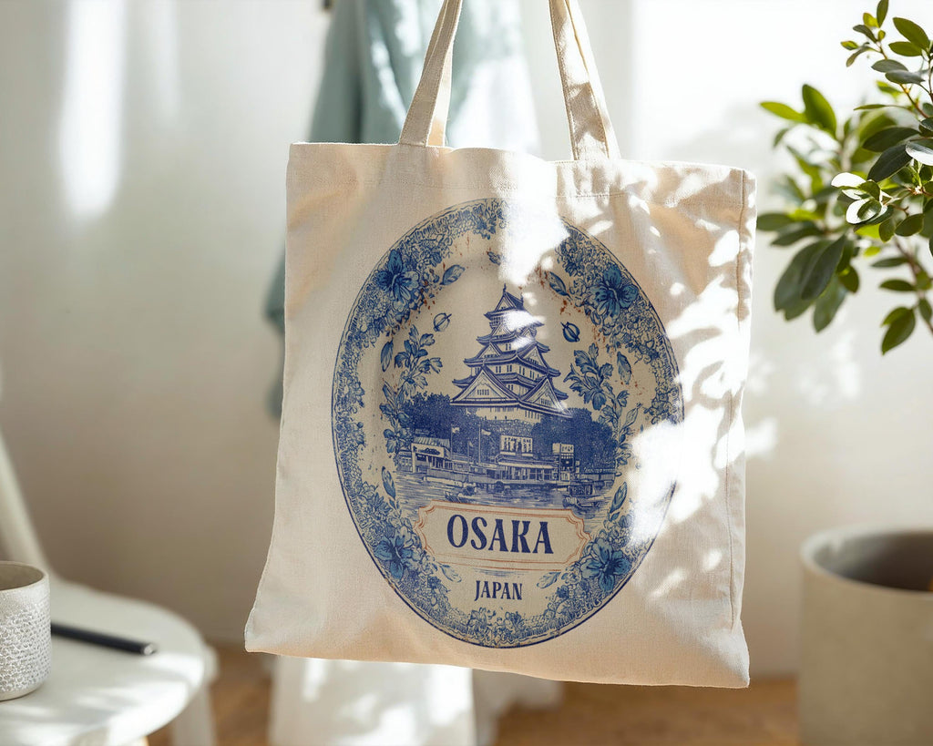 Osaka Japan Tote Bag, Delft Style Personalized Destination, City Wedding Gift Souvenir Cotton