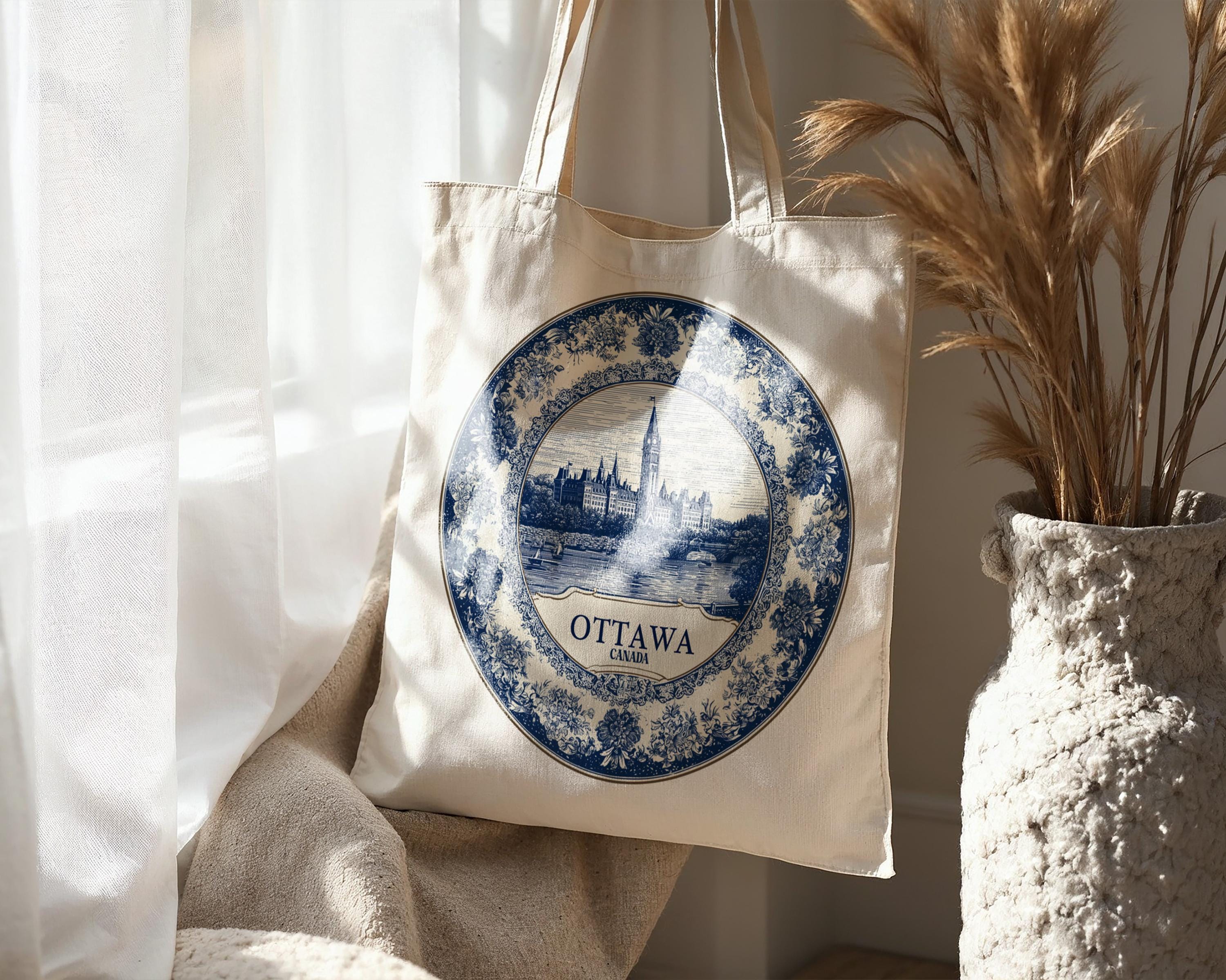 Ottawa Canada Tote Bag, Delft Style Personalized Destination, City Wedding Gift Souvenir Cotton