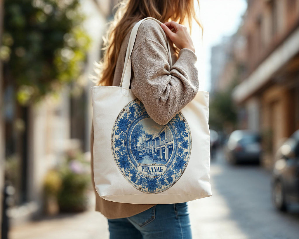 Penang Malaysia Tote Bag, Delft Style Personalized Destination, City Wedding Gift Souvenir Cotton