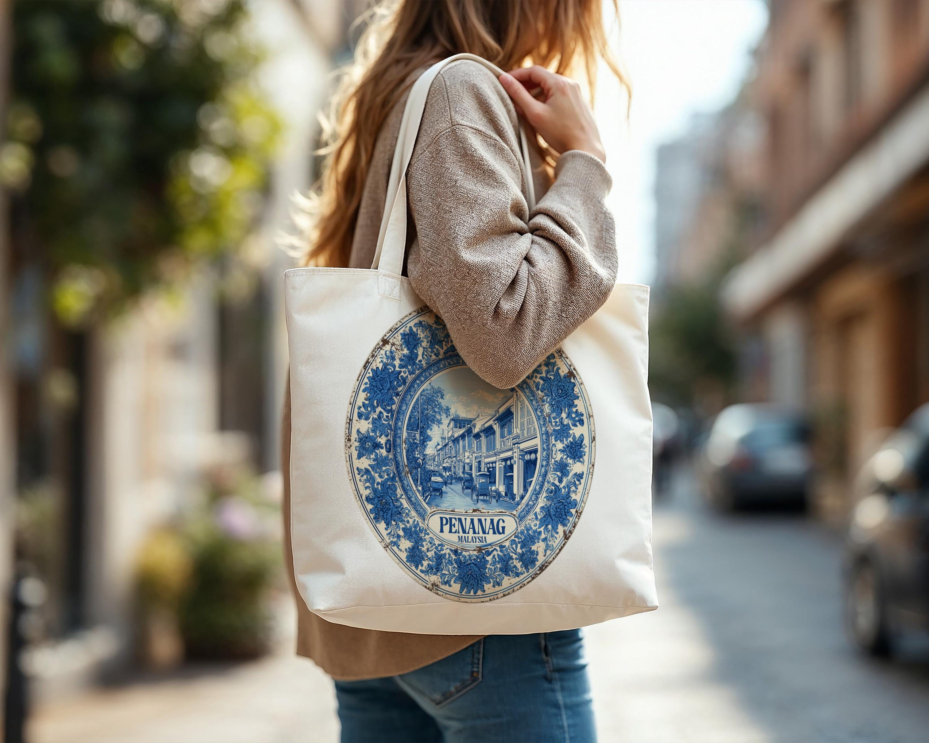 Penang Malaysia Tote Bag, Delft Style Personalized Destination, City Wedding Gift Souvenir Cotton