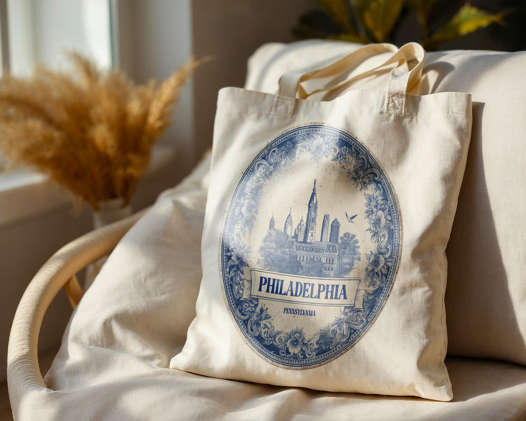 Philadelphia Pennsylvania Tote Bag, Delft Style Personalized Destination, City Wedding Gift Souvenir Cotton