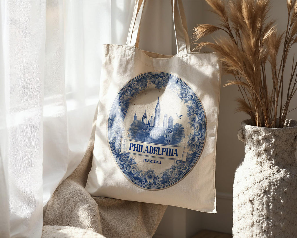 Philadelphia Pennsylvania Tote Bag, Delft Style Personalized Destination, City Wedding Gift Souvenir Cotton