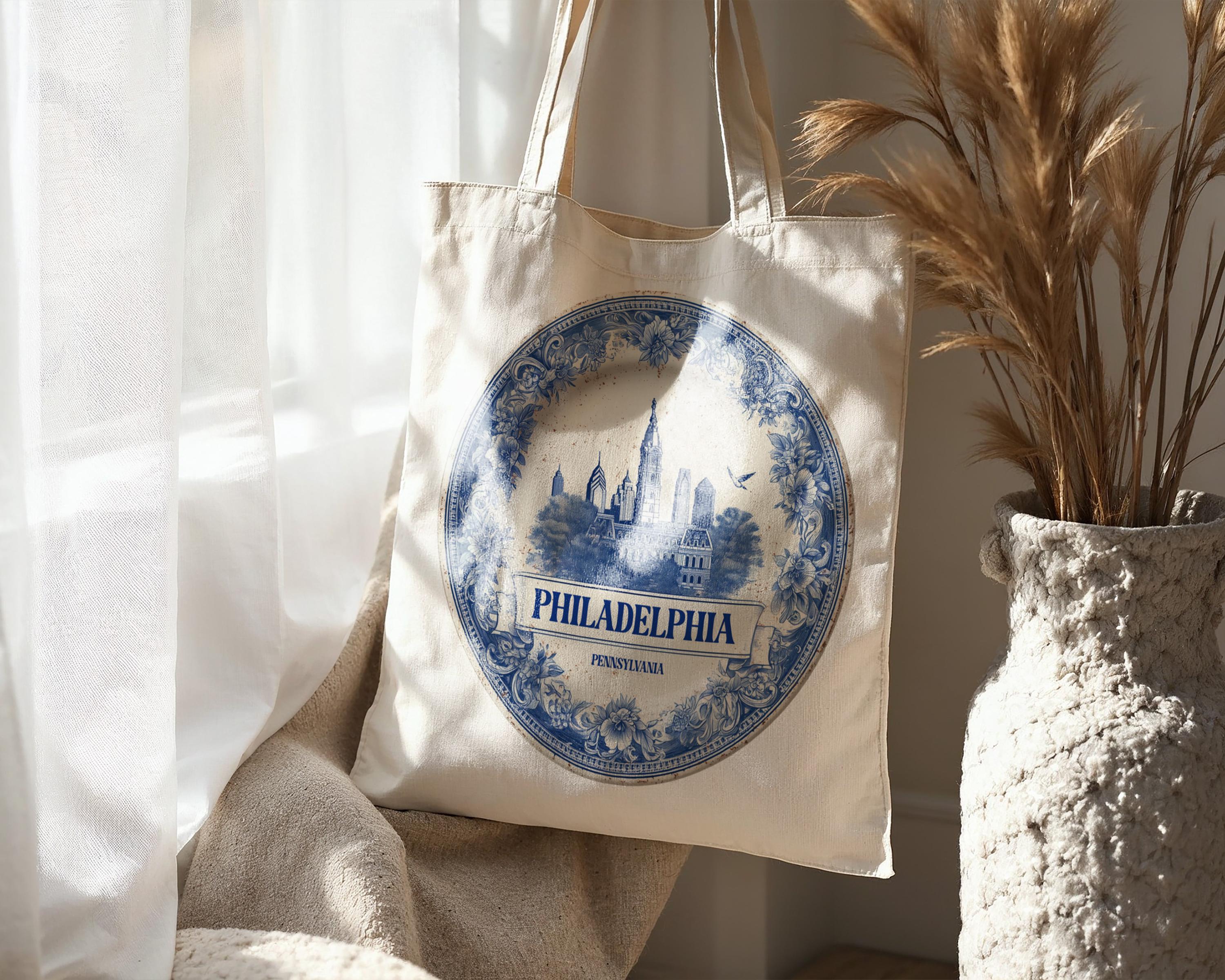 Philadelphia Pennsylvania Tote Bag, Delft Style Personalized Destination, City Wedding Gift Souvenir Cotton