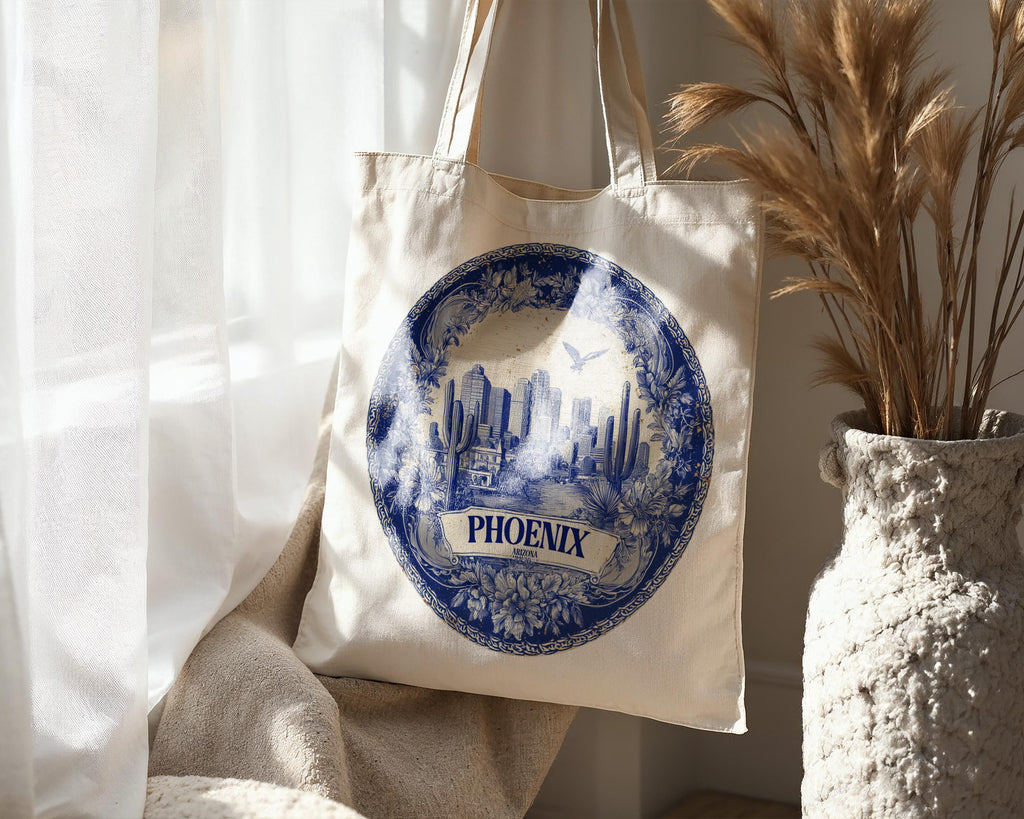 Phoenix Arizona Tote Bag, Delft Style Personalized Destination, City Wedding Gift Souvenir Cotton