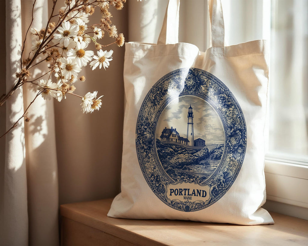 Portland Maine Tote Bag, Delft Style Personalized Destination, City Wedding Gift Souvenir Cotton