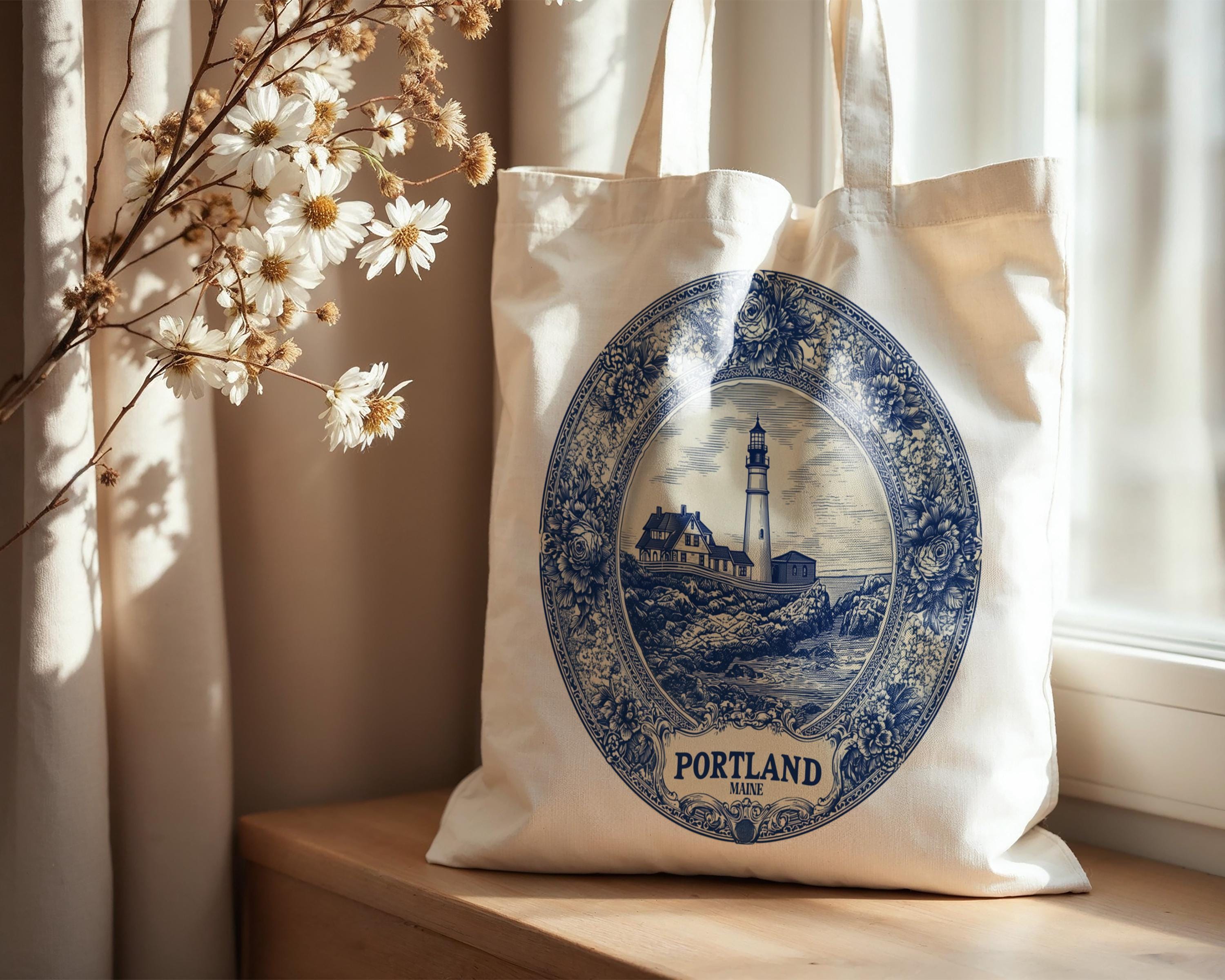 Portland Maine Tote Bag, Delft Style Personalized Destination, City Wedding Gift Souvenir Cotton