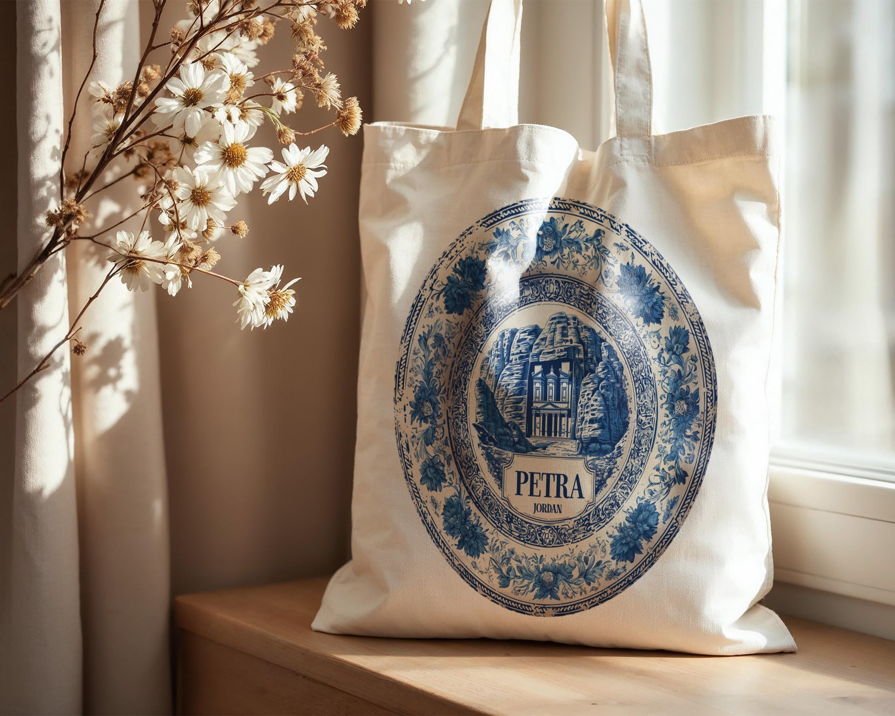 Petra Jordan Tote Bag, Delft Style Personalized Destination, City Wedding Gift Souvenir Cotton