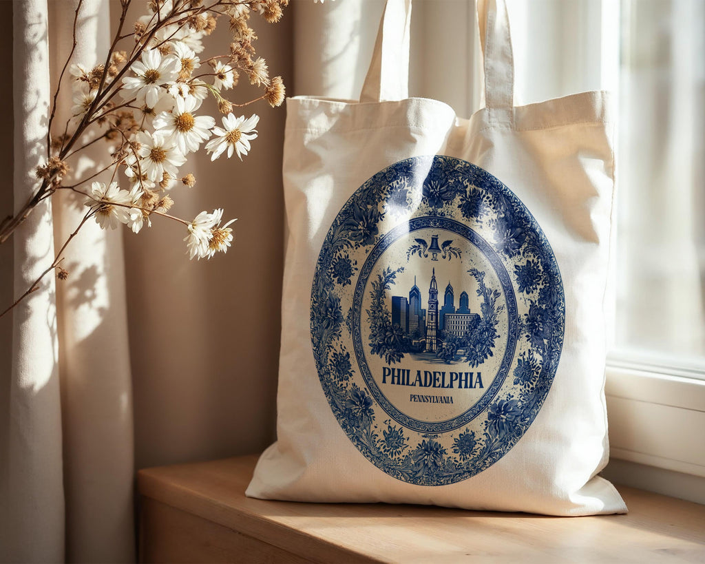 Philadelphia Pennsylvania2 Tote Bag, Delft Style Personalized Destination, City Wedding Gift Souvenir Cotton