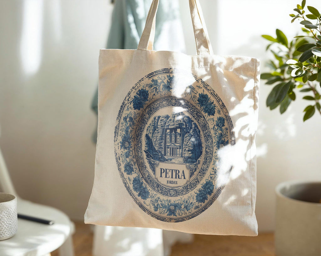 Petra Jordan Tote Bag, Delft Style Personalized Destination, City Wedding Gift Souvenir Cotton