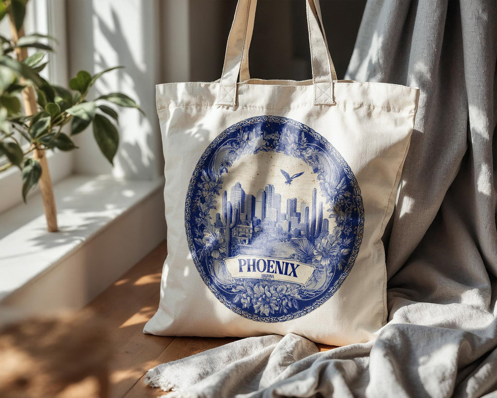 Phoenix Arizona Tote Bag, Delft Style Personalized Destination, City Wedding Gift Souvenir Cotton
