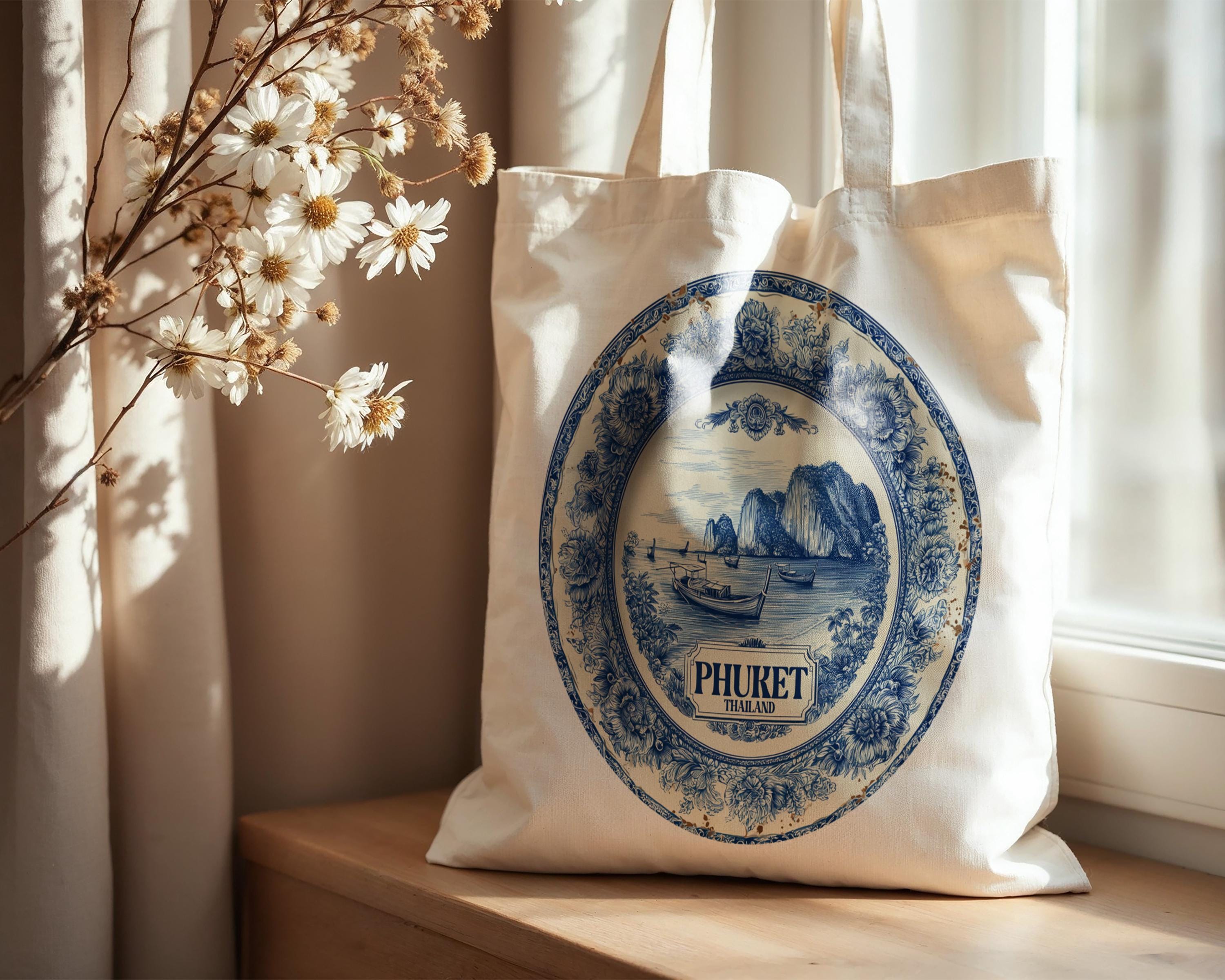 Phuket Thailand Tote Bag, Delft Style Personalized Destination, City Wedding Gift Souvenir Cotton