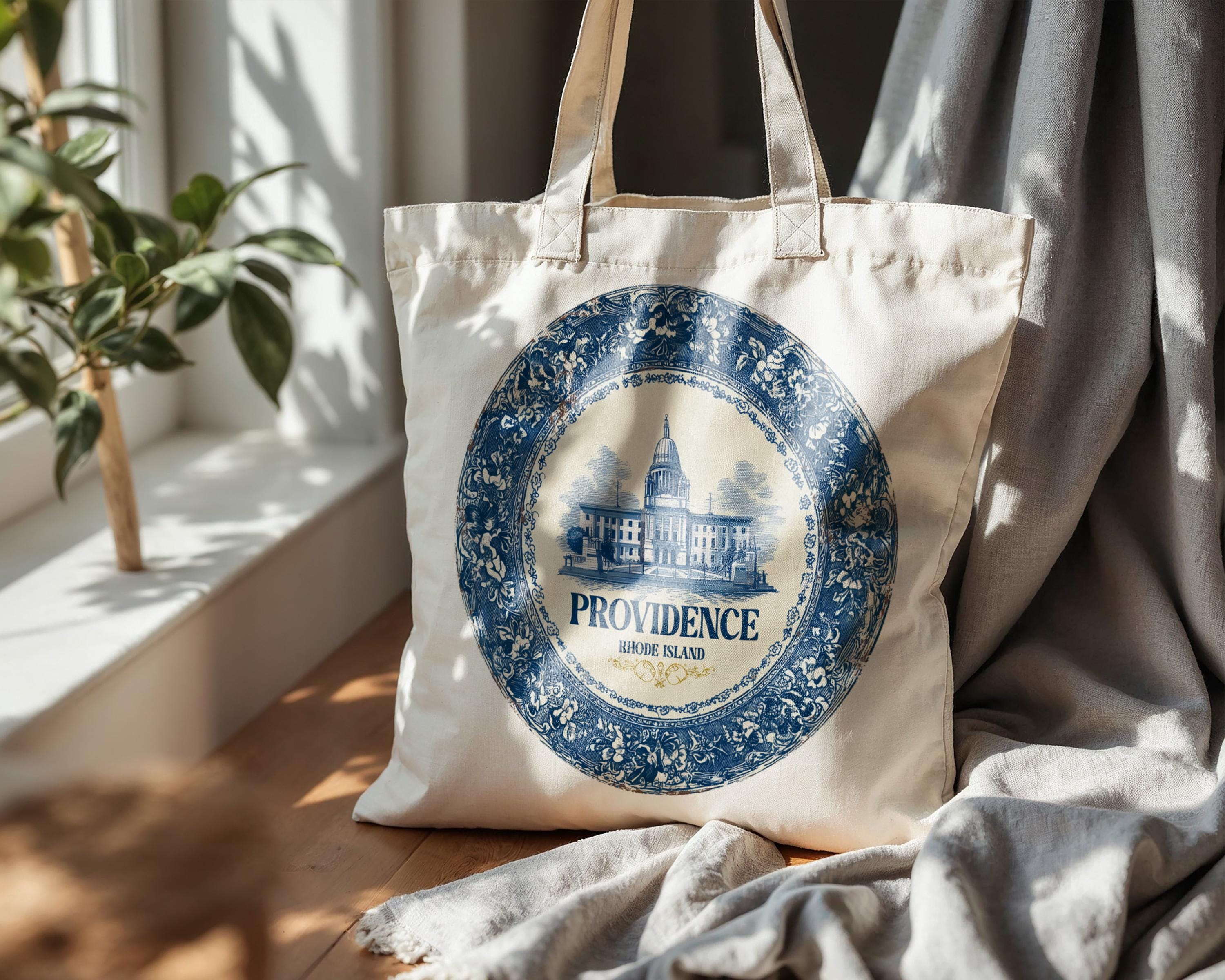 Providence Rhode Island Tote Bag, Delft Style Personalized Destination, City Wedding Gift Souvenir Cotton