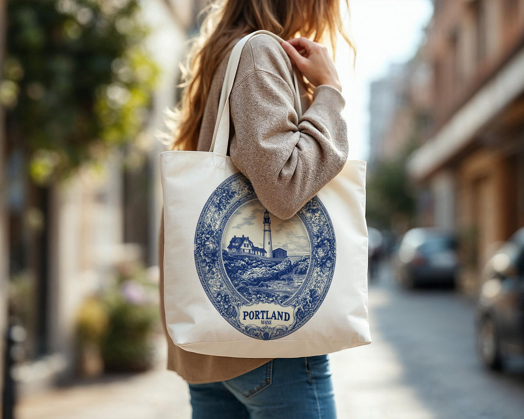 Portland Maine Tote Bag, Delft Style Personalized Destination, City Wedding Gift Souvenir Cotton