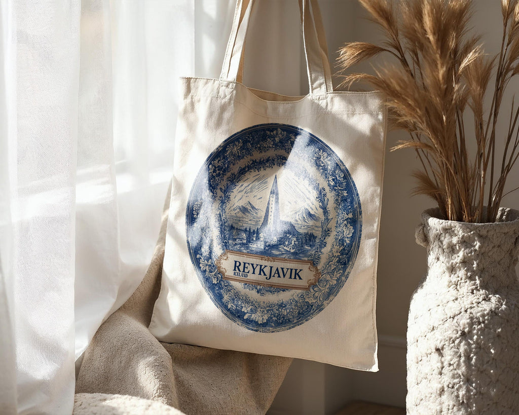 Reykjavik Iceland Tote Bag, Delft Style Personalized Destination, City Wedding Gift Souvenir Cotton