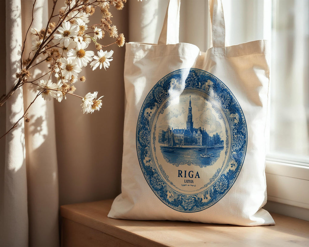 Riga Latvia Tote Bag, Delft Style Personalized Destination, City Wedding Gift Souvenir Cotton