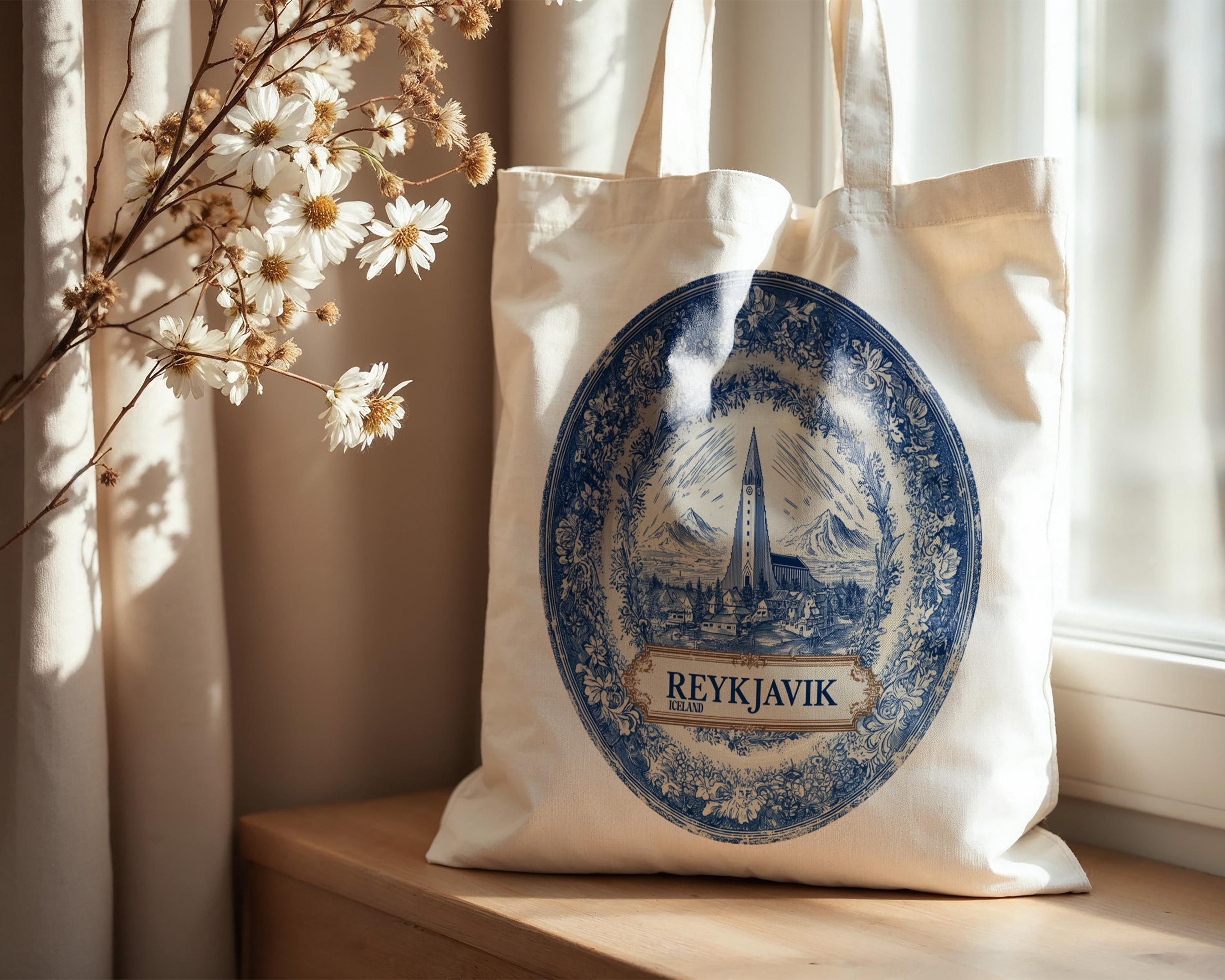 Reykjavik Iceland Tote Bag, Delft Style Personalized Destination, City Wedding Gift Souvenir Cotton