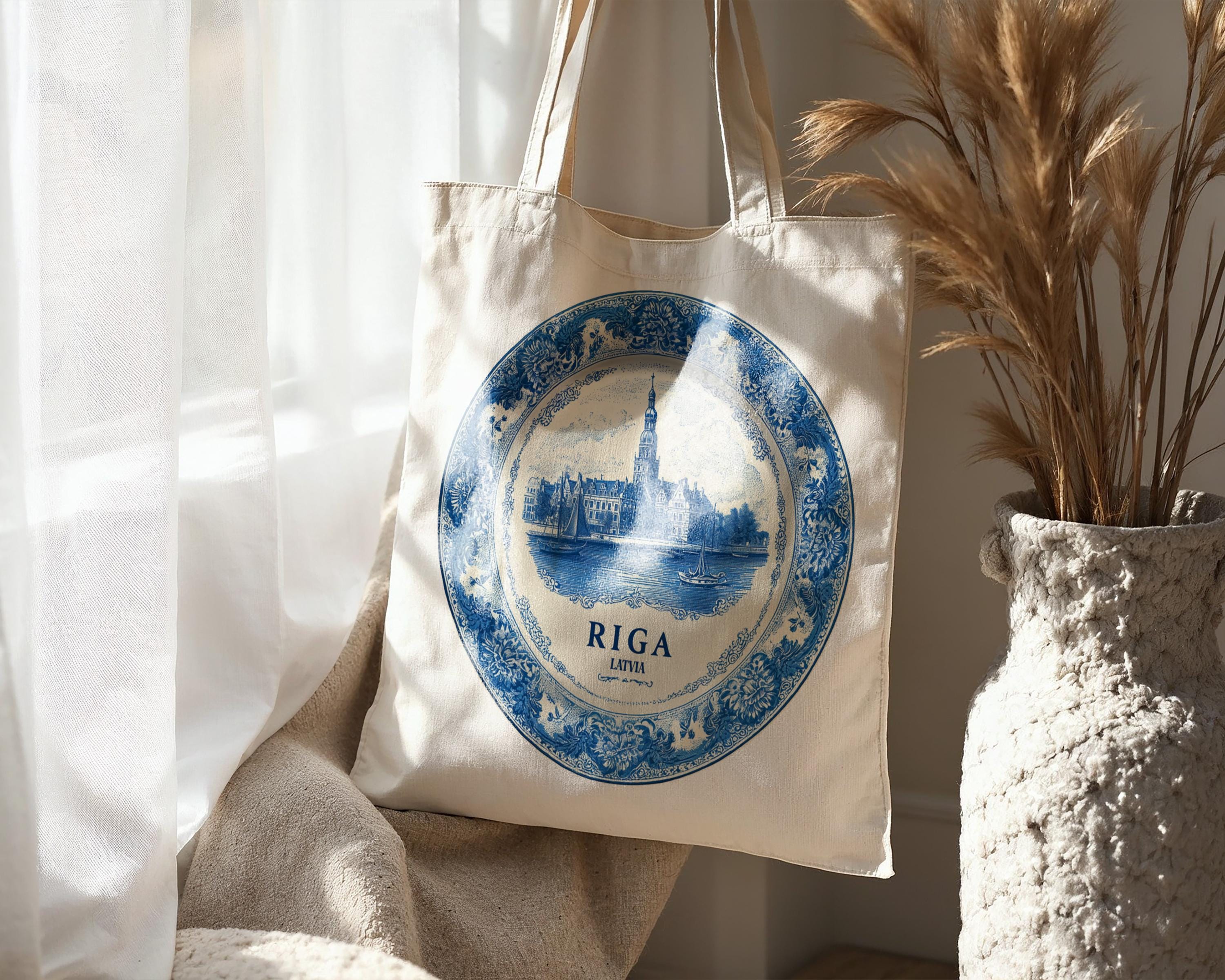 Riga Latvia Tote Bag, Delft Style Personalized Destination, City Wedding Gift Souvenir Cotton