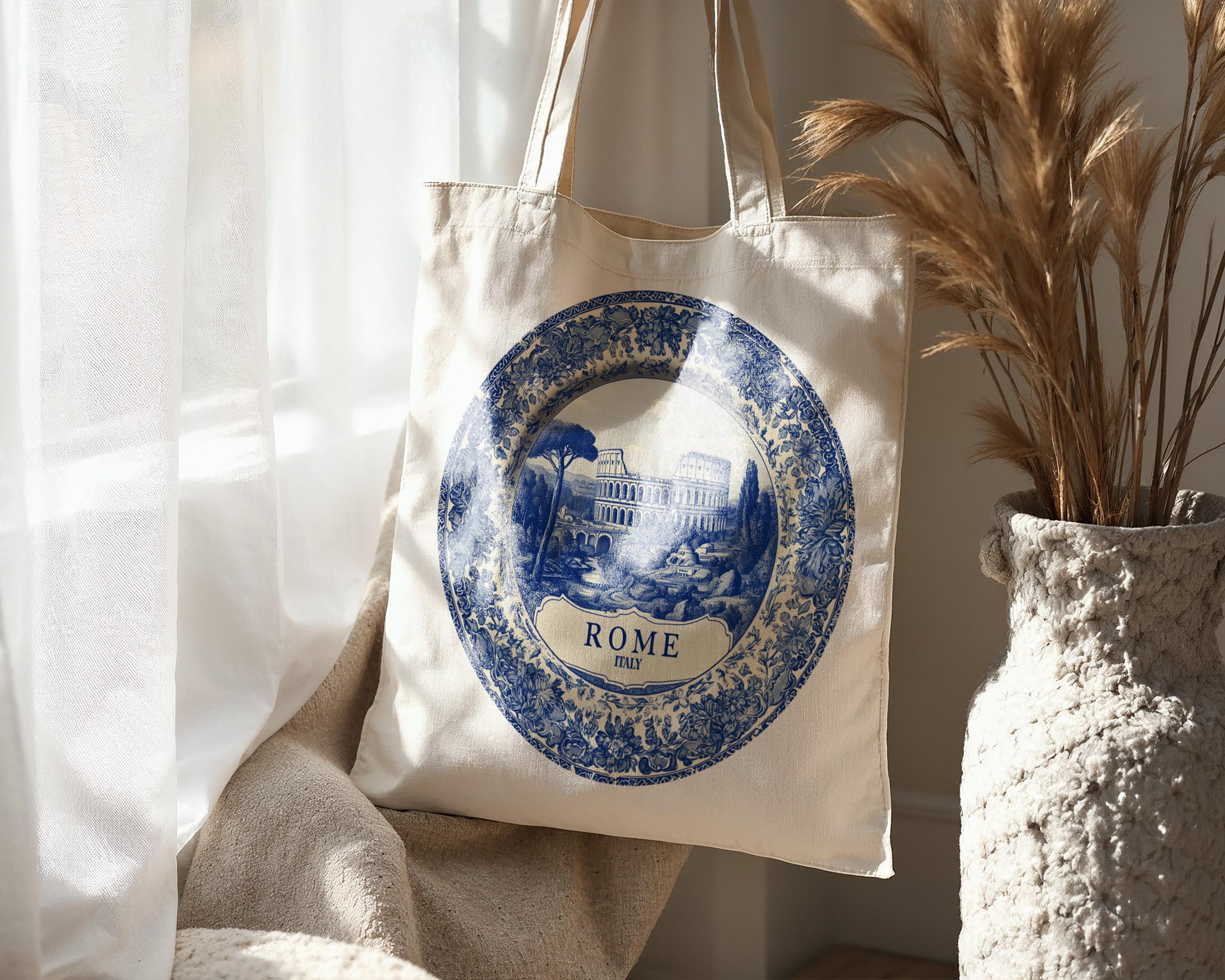 Rome Italy Tote Bag, Delft Style Personalized Destination, City Wedding Gift Souvenir Cotton