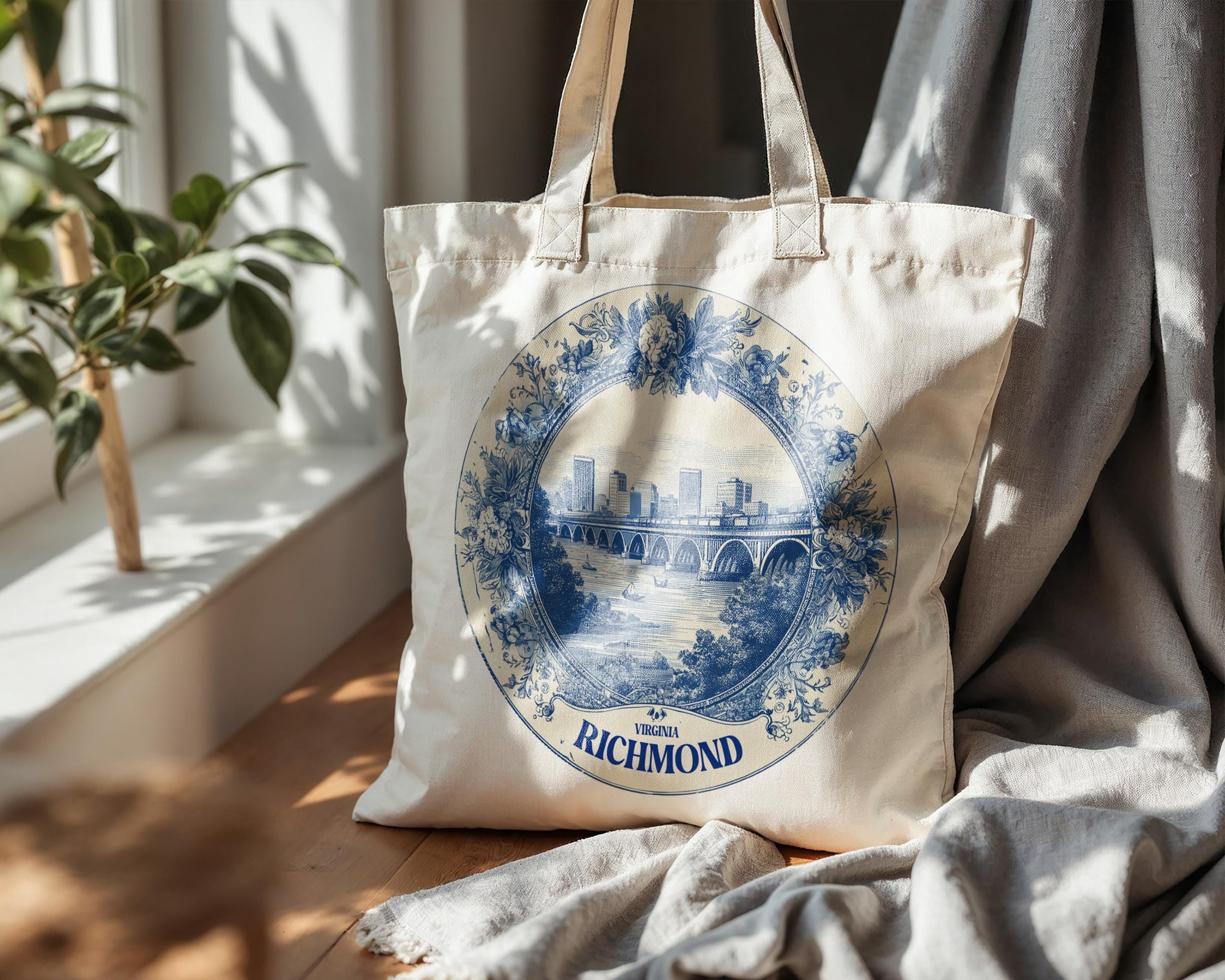 Richmond Virginia Tote Bag, Delft Style Personalized Destination, City Wedding Gift Souvenir Cotton