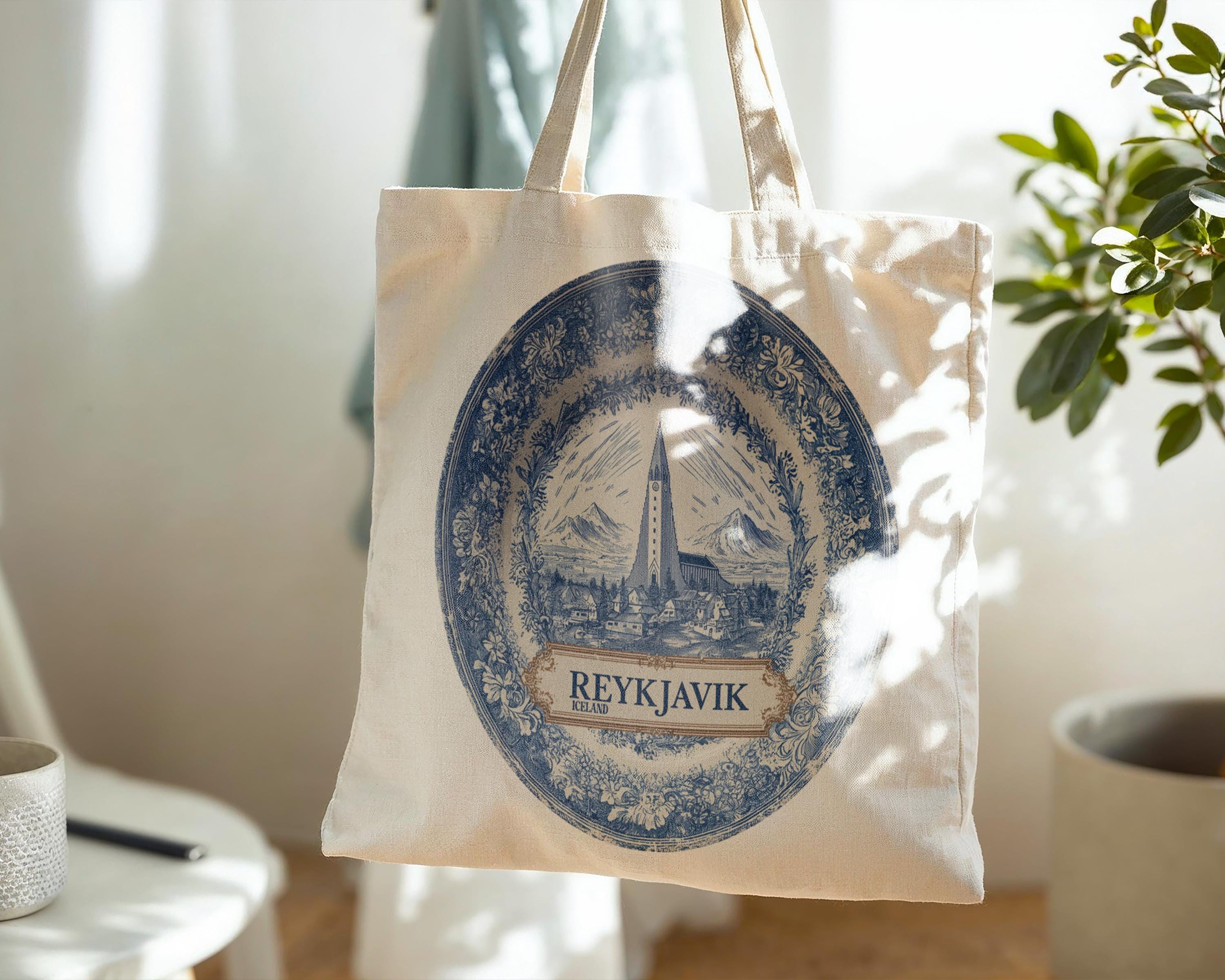 Reykjavik Iceland Tote Bag, Delft Style Personalized Destination, City Wedding Gift Souvenir Cotton