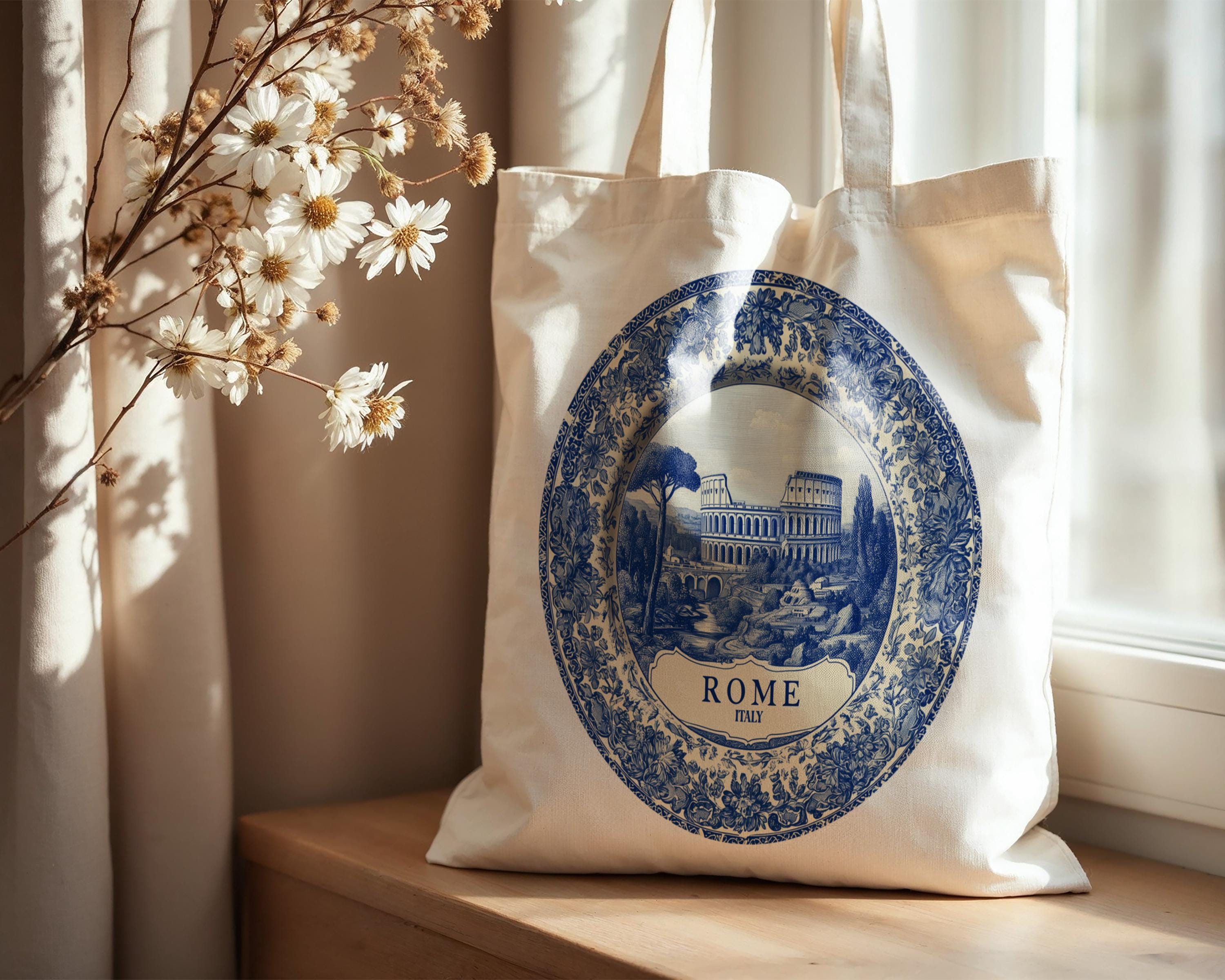Rome Italy Tote Bag, Delft Style Personalized Destination, City Wedding Gift Souvenir Cotton