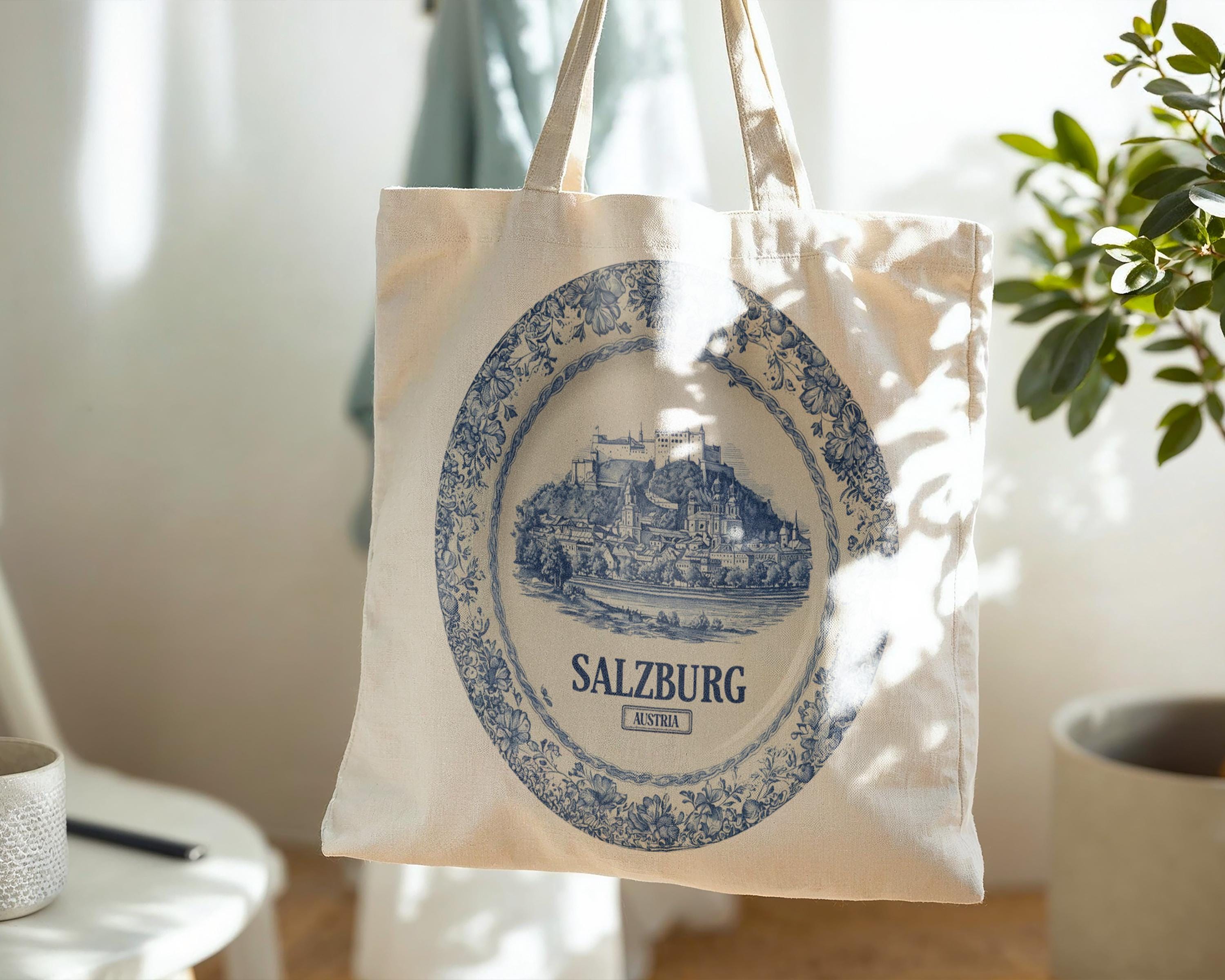 Salzburg Austria Tote Bag, Delft Style Personalized Destination, City Wedding Gift Souvenir Cotton