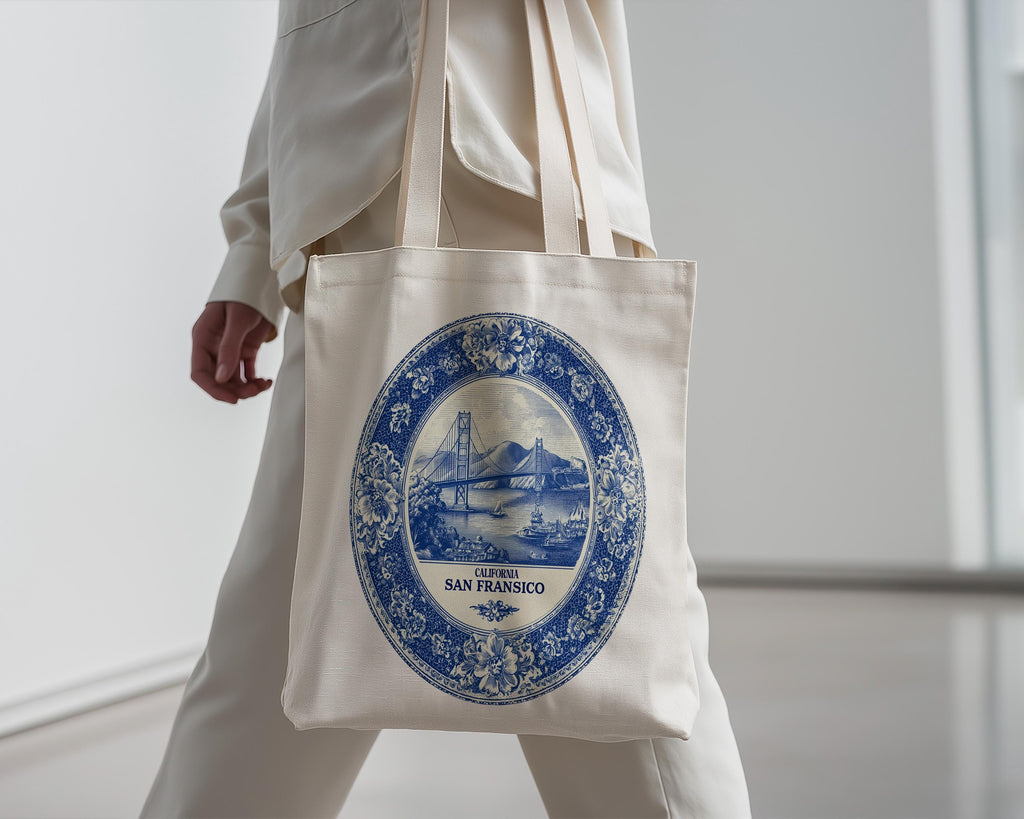 San Francisco California Tote Bag, Delft Style Personalized Destination, City Wedding Gift Souvenir Cotton