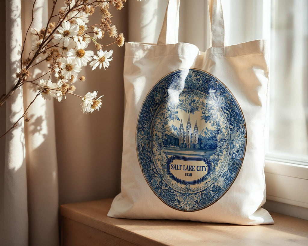 Salt Lake City Utah Tote Bag, Delft Style Personalized Destination, City Wedding Gift Souvenir Cotton