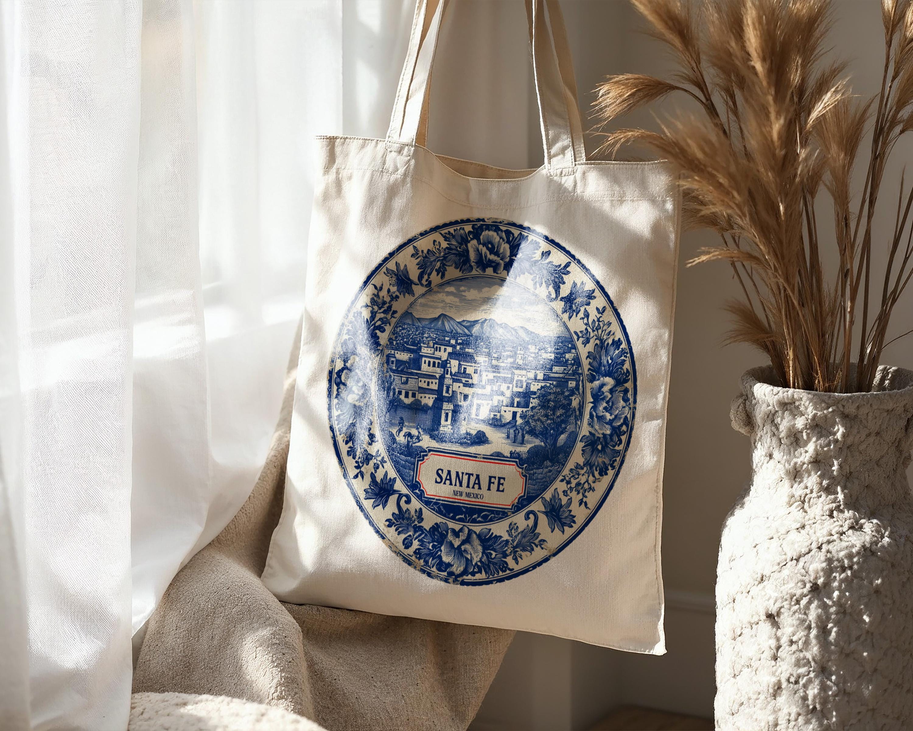 Santa Fe New Mexico Tote Bag, Delft Style Personalized Destination, City Wedding Gift Souvenir Cotton