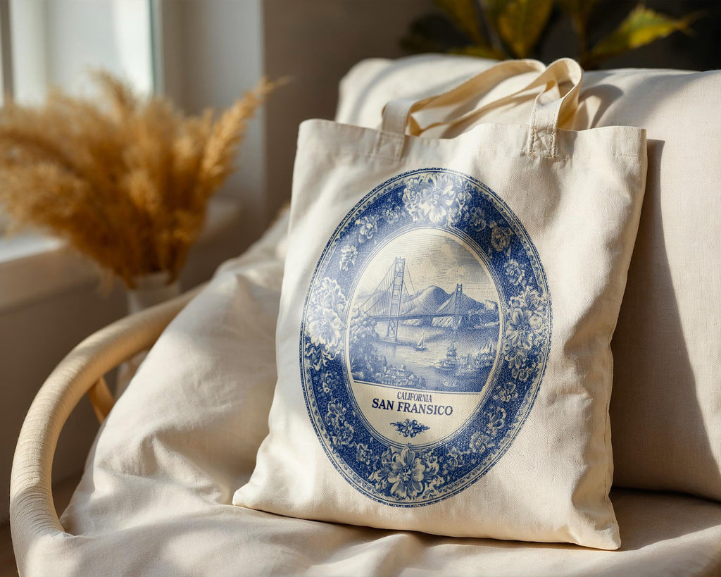 San Francisco California Tote Bag, Delft Style Personalized Destination, City Wedding Gift Souvenir Cotton
