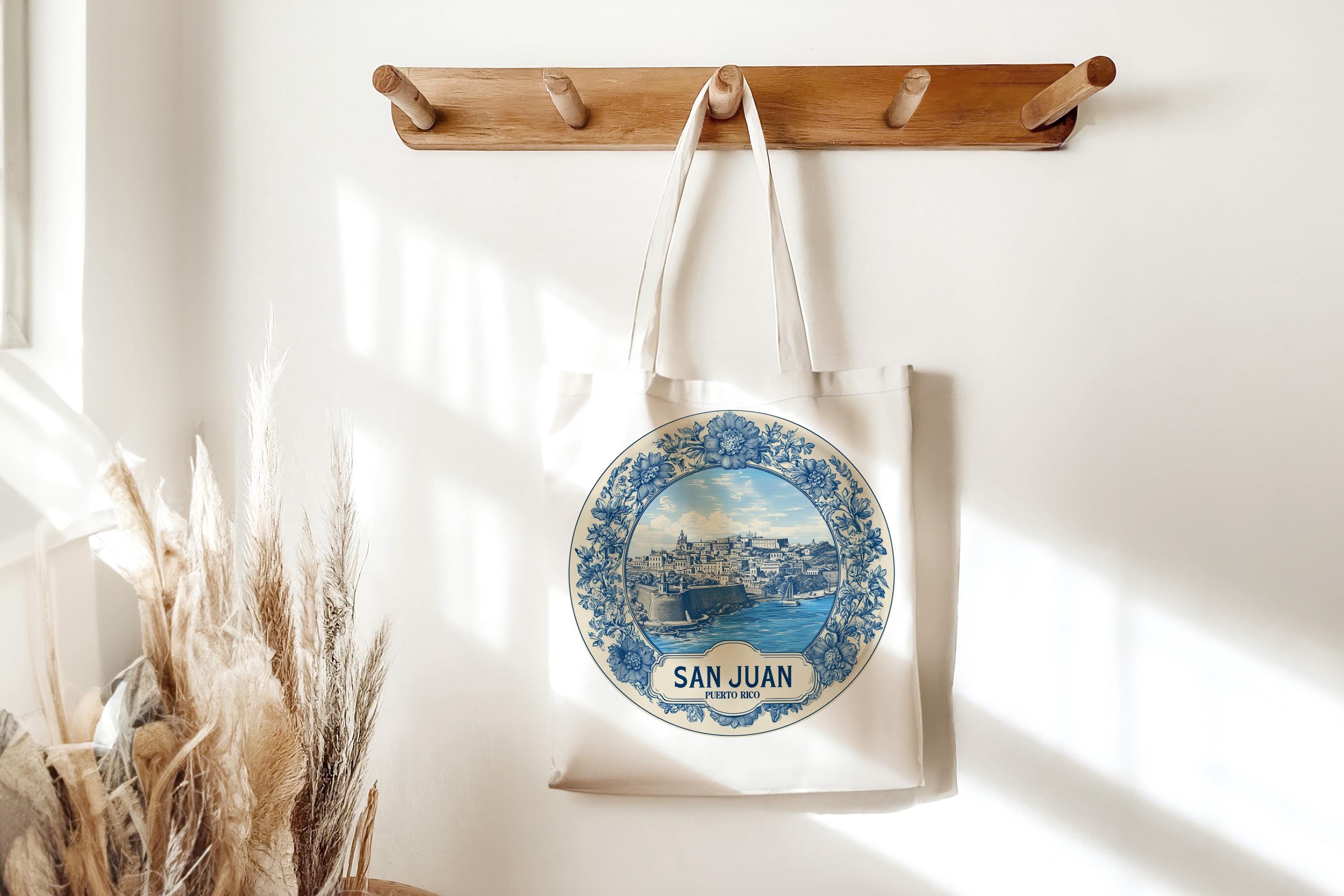 San Juan Puerto Rico Tote Bag, Delft Style Personalized Destination, City Wedding Gift Souvenir Cotton